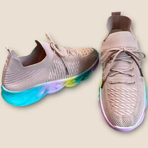 Epicstep Womens Size 11 Fashion Sneakers Knit Meshed Pink Laced Up Rainbow Sole